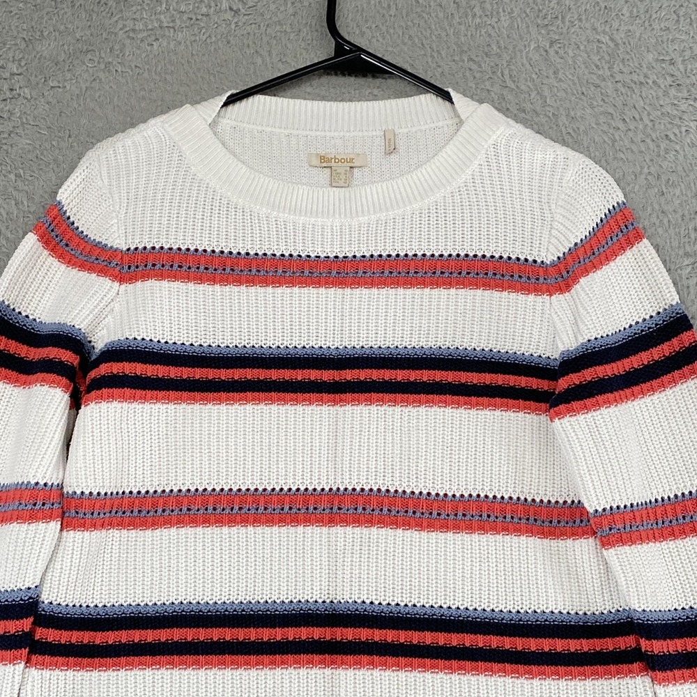 Barbour Promenade Knit Sweater Womens 6 White Striped 100% Cotton Crewneck - Picture 2 of 16